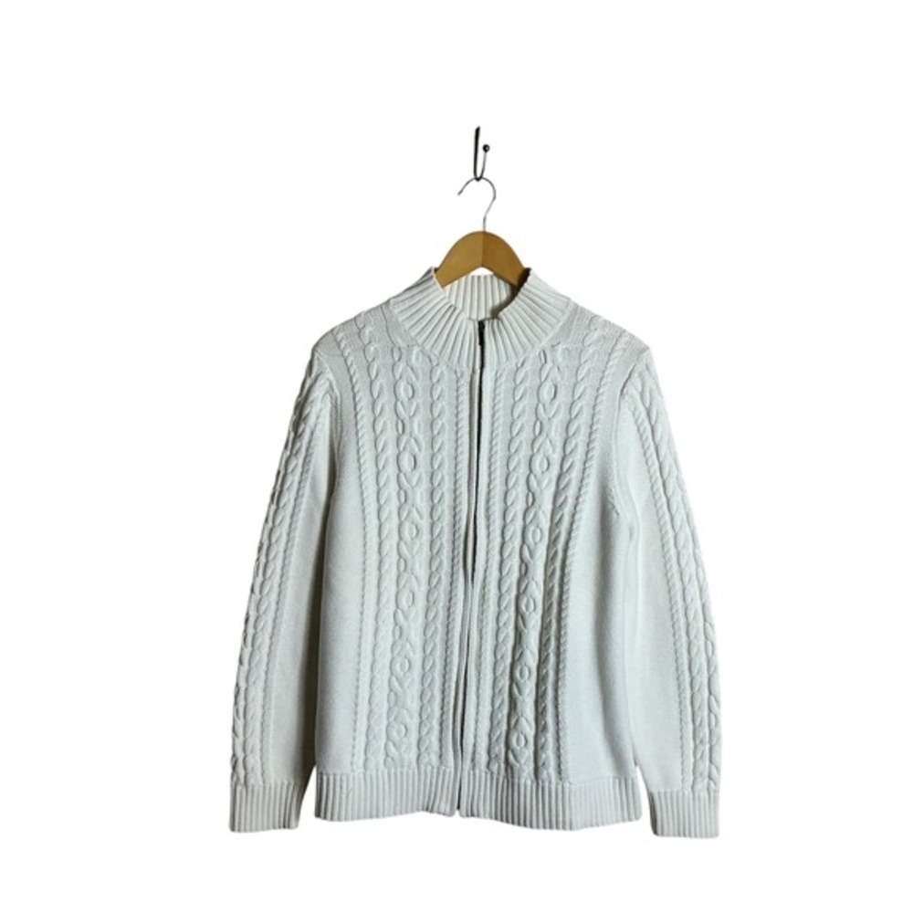 LL Bean Plus Size 1X Cream‎ Cable Knit Full Zip Cardigan Sweater Classic Preppy